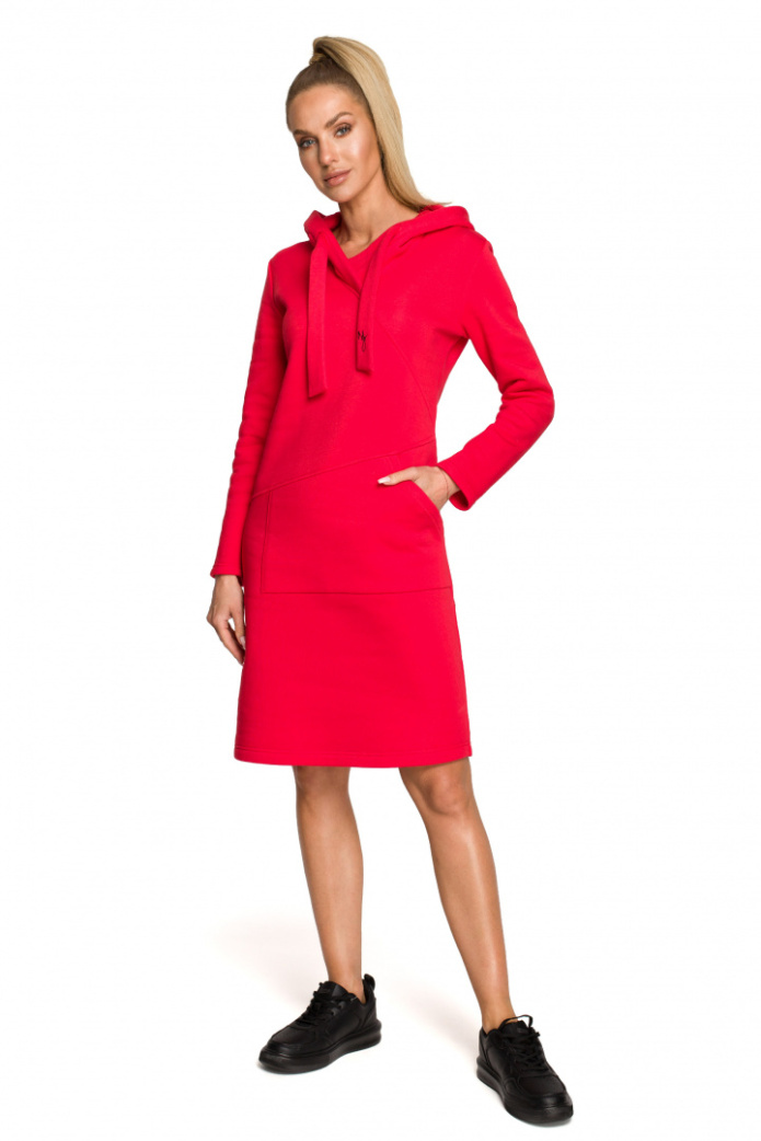 Sukienka midi z kapturem i kieszenią dzianinowa ciepła czerwona